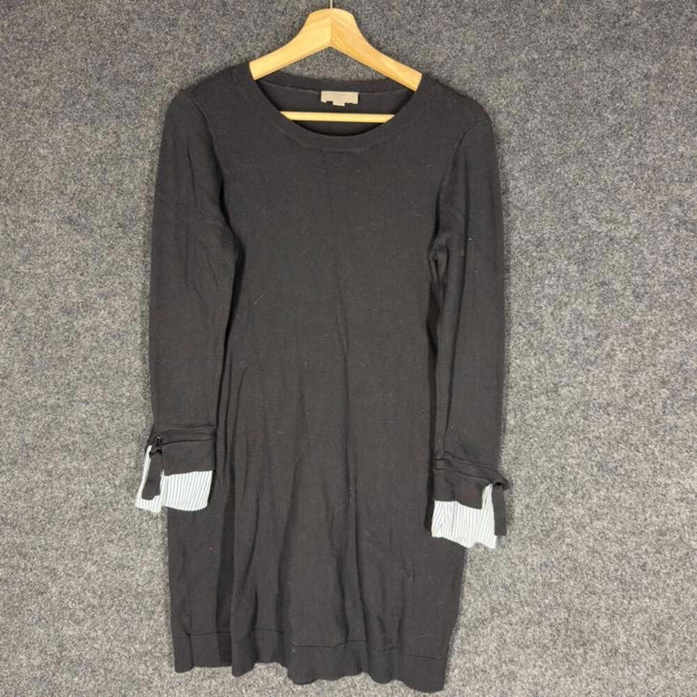 Loft Dress Women PM Petite Black Shift Midi Long Sleeve Cotton Round Neck Casual